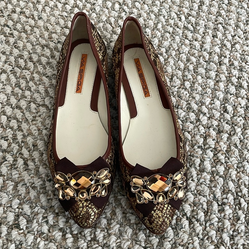 Via Spiga Bosh Gold Brown Snake Rhinestone Glitter Slip On Flats
